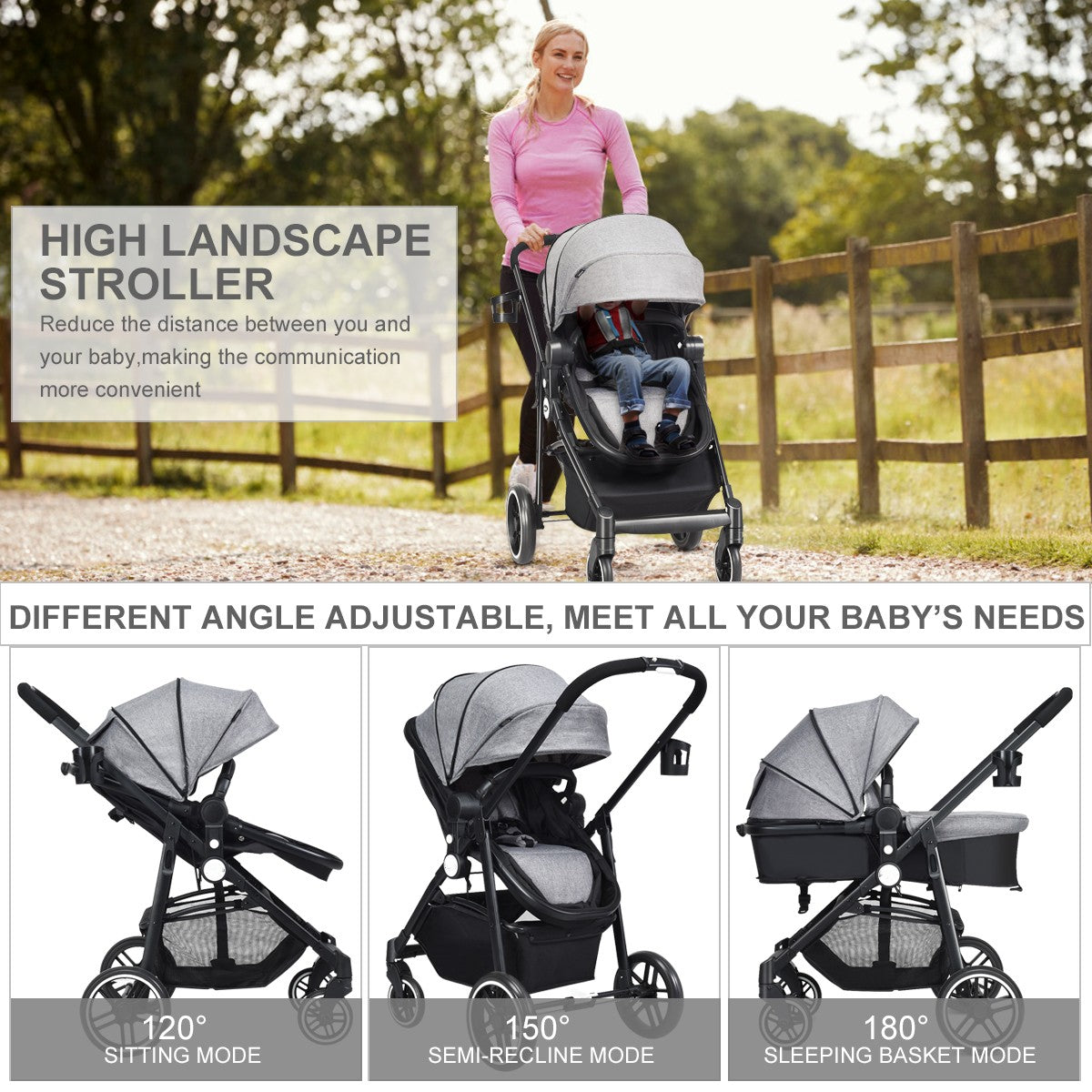 Livsk costway 2 in 1 kinderwagen hoge peuter kinderwagen met omkeerbare zitting voetrem bekerhouder en opbergmand grijs 4