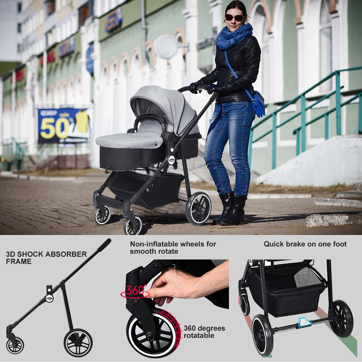 Livsk costway 2 in 1 kinderwagen hoge peuter kinderwagen met omkeerbare zitting voetrem bekerhouder en opbergmand grijs 5