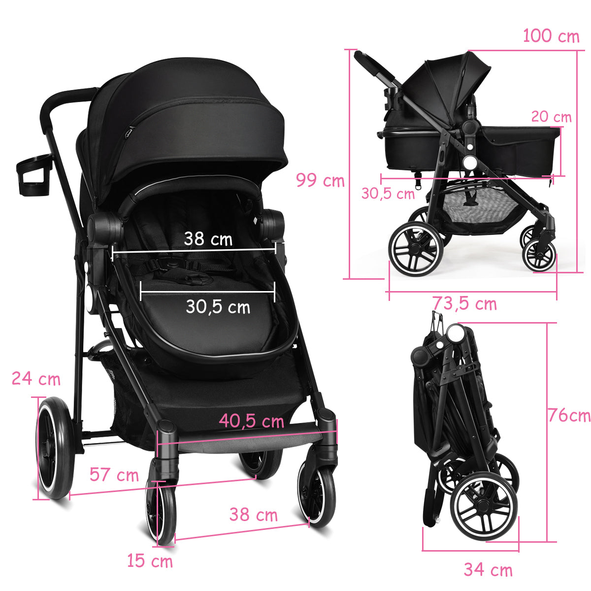 Livsk costway 2 in 1 kinderwagen hoge peuter kinderwagen met omkeerbare zitting voetrem bekerhouder en opbergmand zwart 2