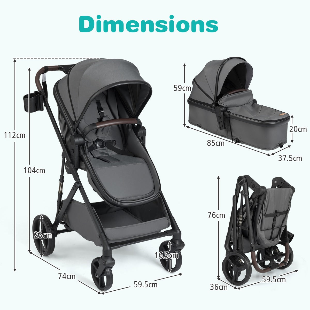 Livsk costway 2 in 1 kinderwagen met reiswieg omvormbare reisbuggy met omkeerbaar zitje verstelbare zonnekap en rugleuning grijs 1