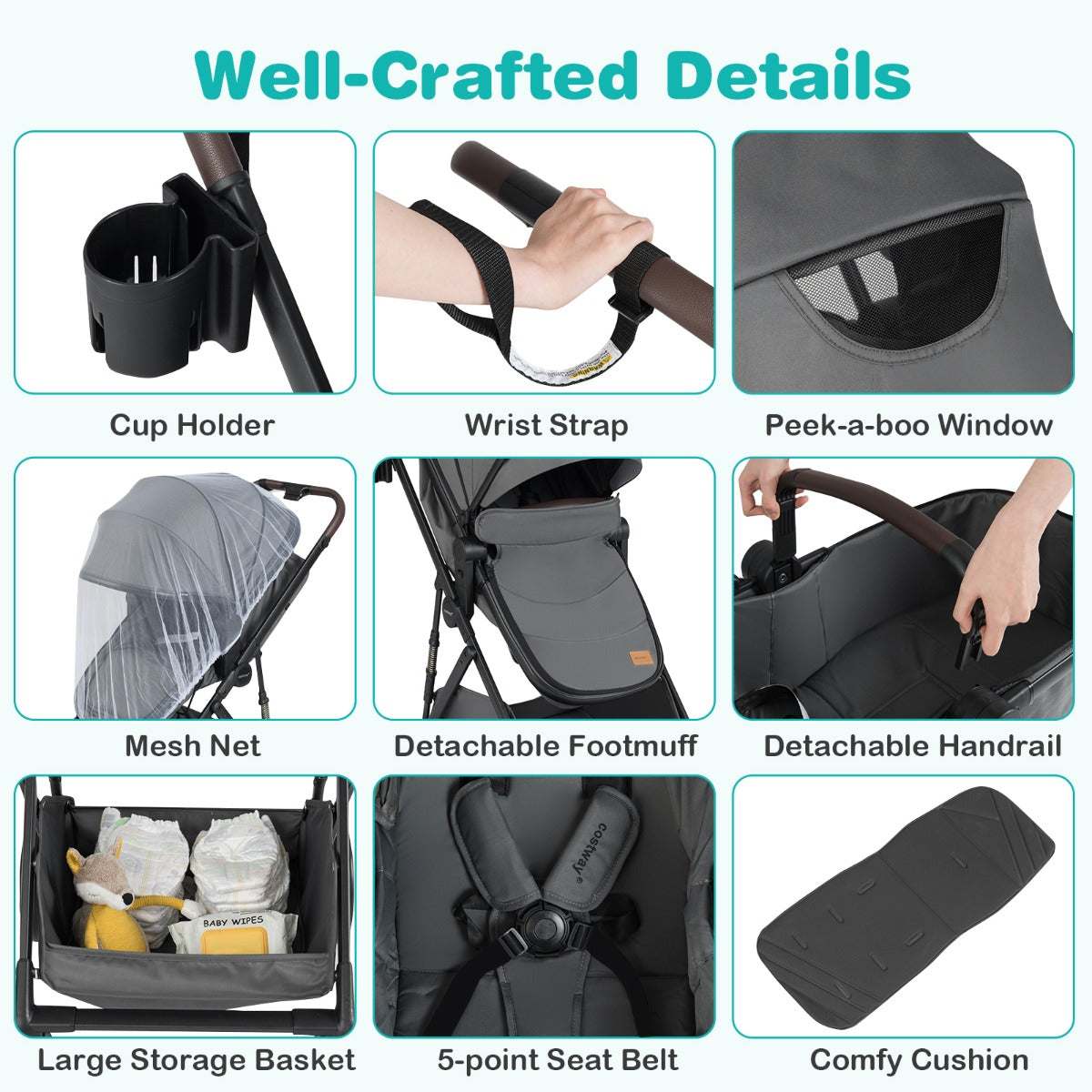 Livsk costway 2 in 1 kinderwagen met reiswieg omvormbare reisbuggy met omkeerbaar zitje verstelbare zonnekap en rugleuning grijs