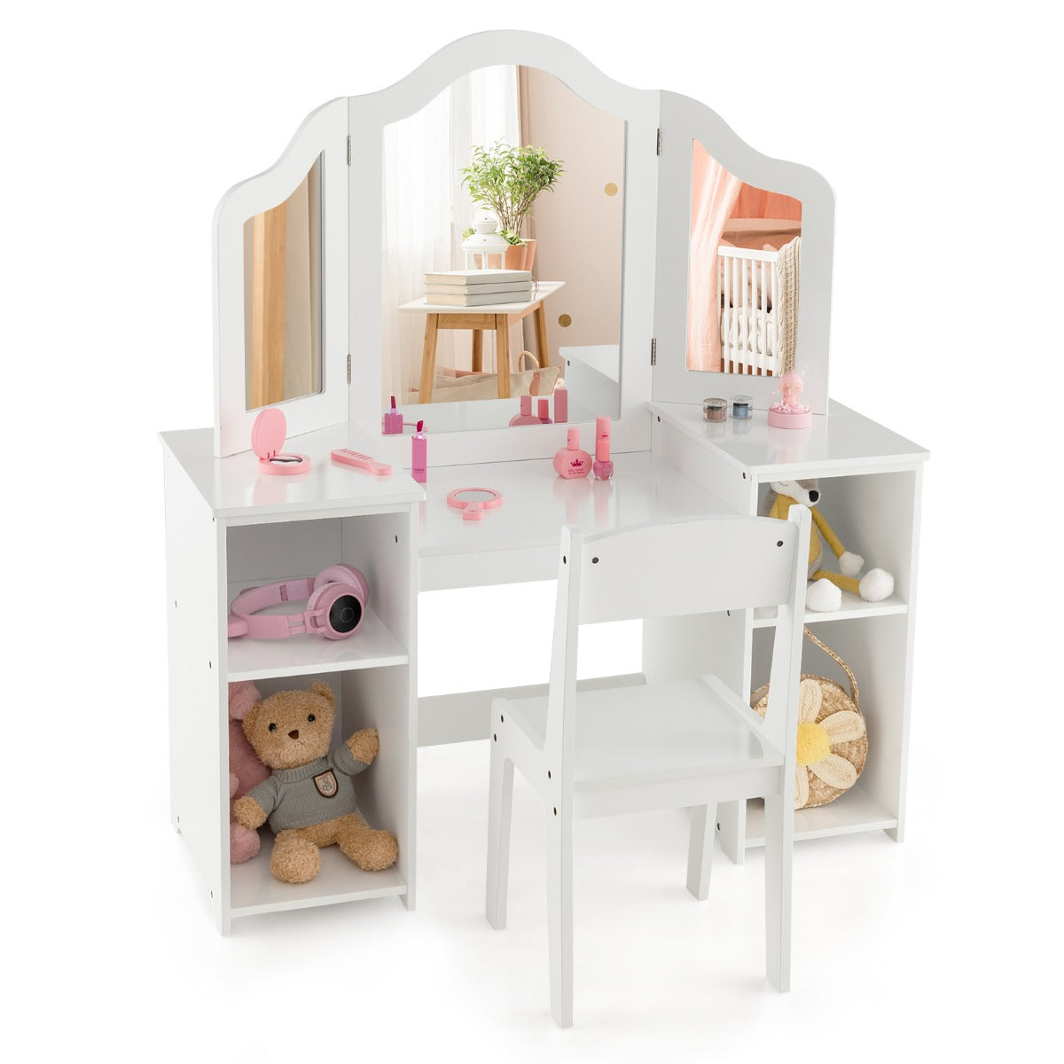 LIVSK Afneembare Kindermake-Uptafel - Driedelige Spiegel - Grote Opbergruimte - Veilig Design - 107 x 40 x 117 cm - Wit