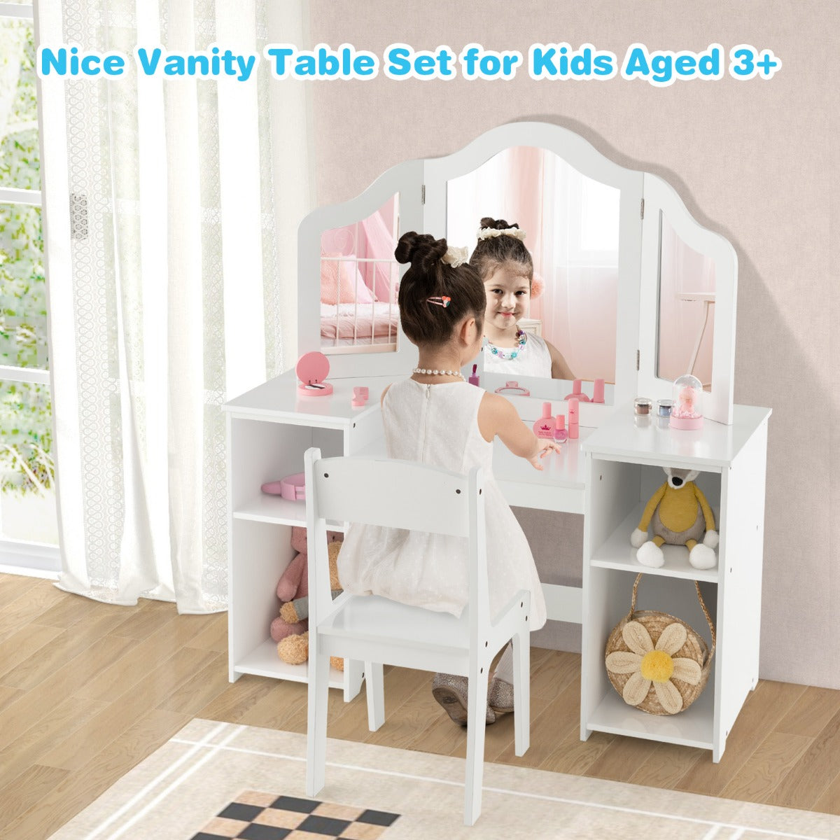 LIVSK Afneembare Kindermake-Uptafel - Driedelige Spiegel - Grote Opbergruimte - Veilig Design - 107 x 40 x 117 cm - Wit