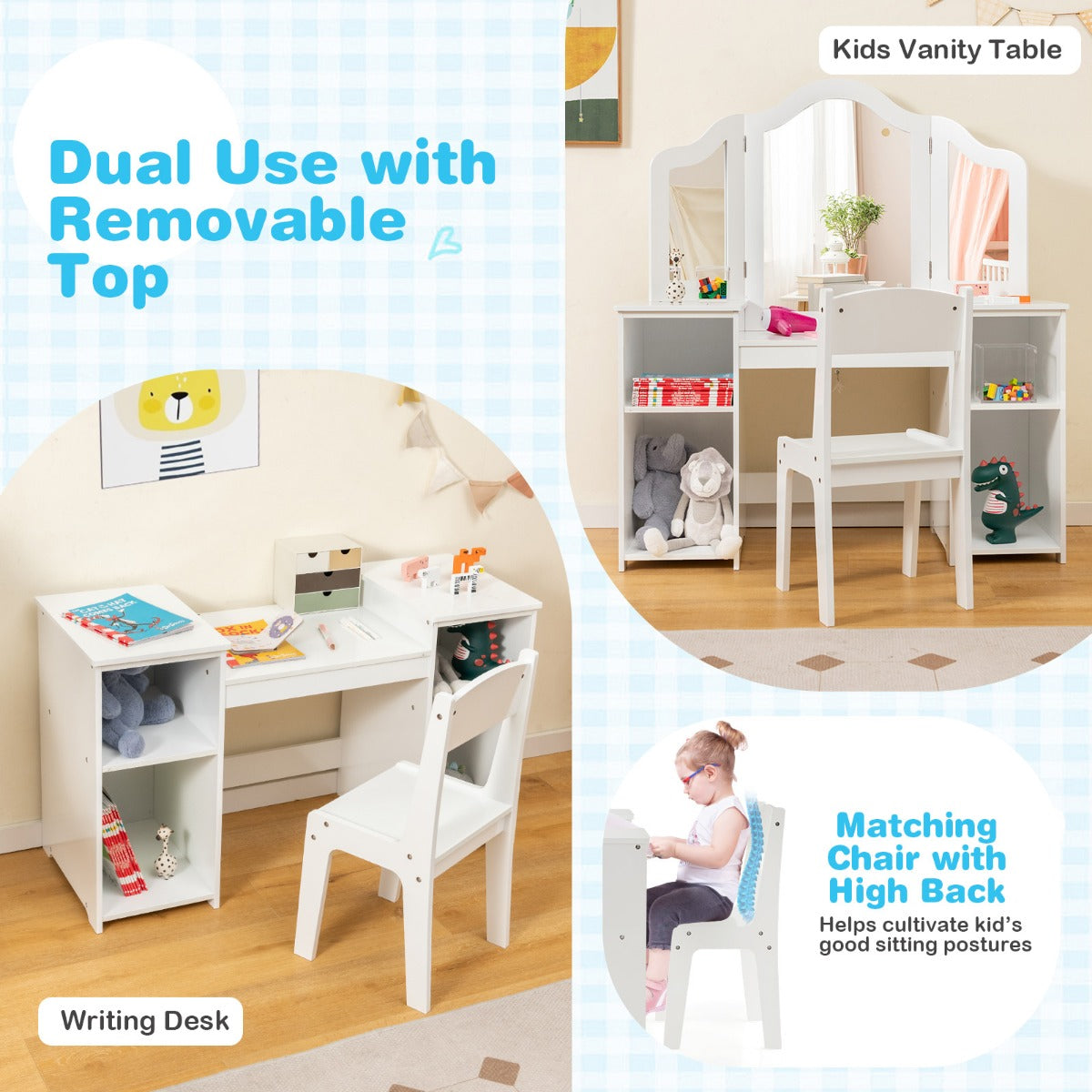 LIVSK Afneembare Kindermake-Uptafel - Driedelige Spiegel - Grote Opbergruimte - Veilig Design - 107 x 40 x 117 cm - Wit