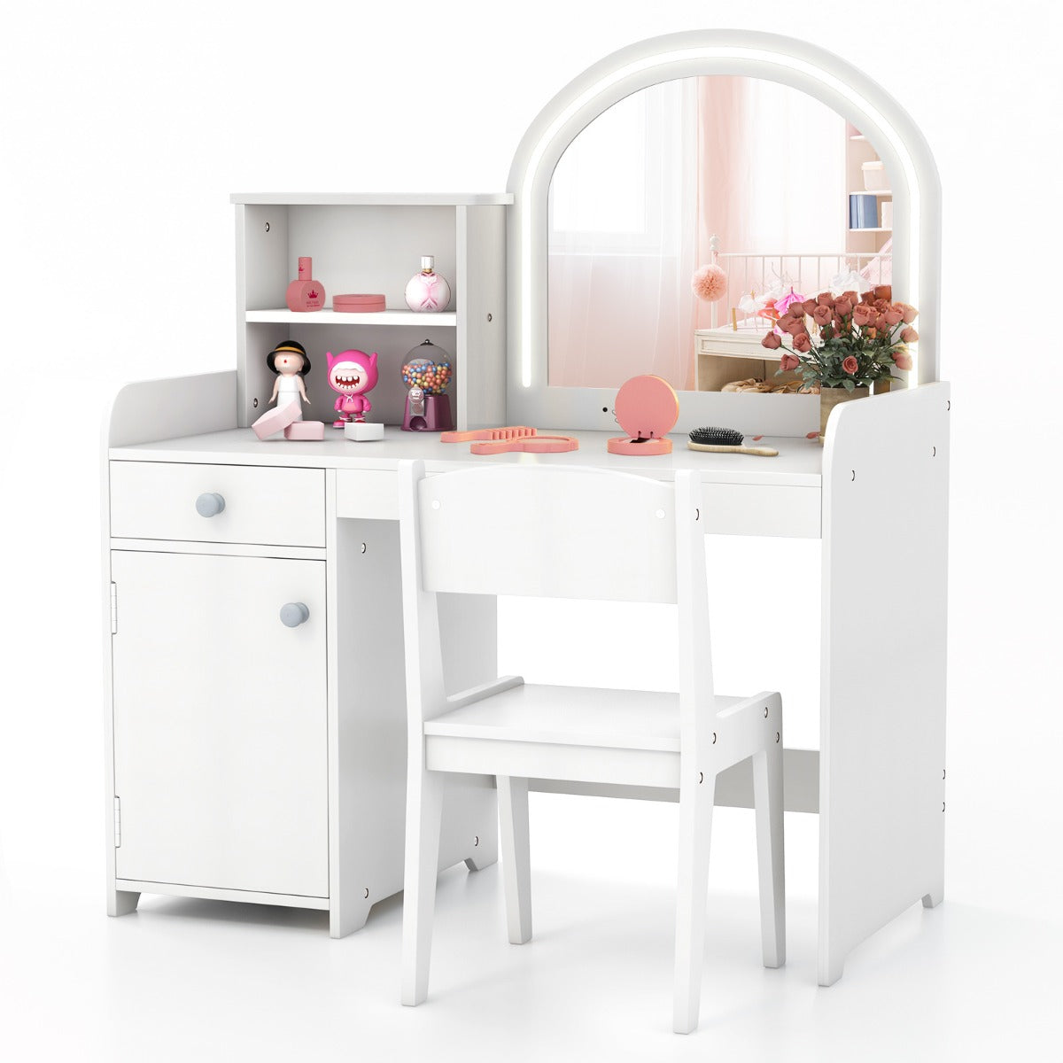 LIVSK Make-up Tafel Set voor Kinderen - Verlichte Acrylspiegel met 120 LED-lampjes - Opbergruimte - Stevig MDF - Wit