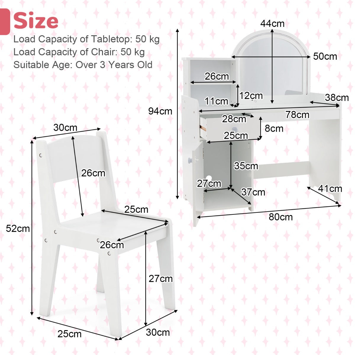 LIVSK Make-up Tafel Set voor Kinderen - Verlichte Acrylspiegel met 120 LED-lampjes - Opbergruimte - Stevig MDF - Wit
