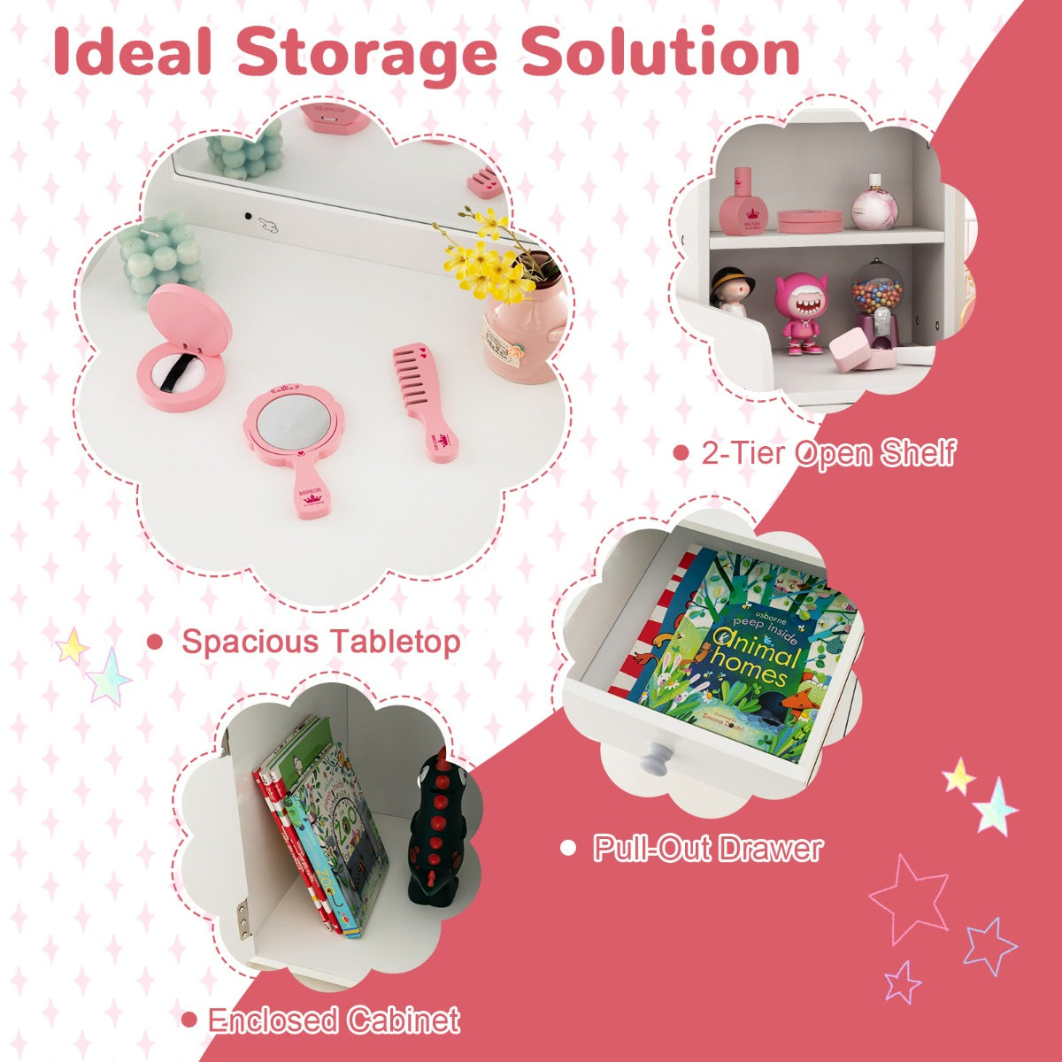 LIVSK Make-up Tafel Set voor Kinderen - Verlichte Acrylspiegel met 120 LED-lampjes - Opbergruimte - Stevig MDF - Wit