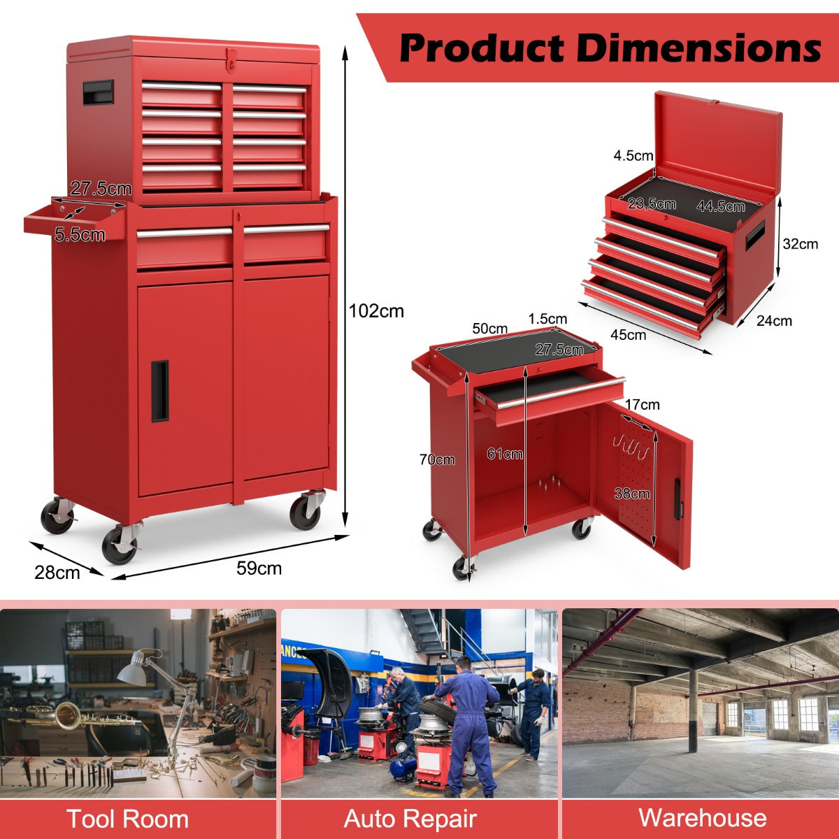 LIVSK Mobiele Gereedschapskist met Wielen - Afneembare Bovenkist - 4 Draaibare Wielen - 8 Lades - 59 x 28 x 102 cm - Rood