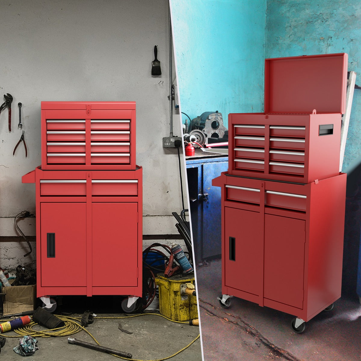 LIVSK Mobiele Gereedschapskist met Wielen - Afneembare Bovenkist - 4 Draaibare Wielen - 8 Lades - 59 x 28 x 102 cm - Rood