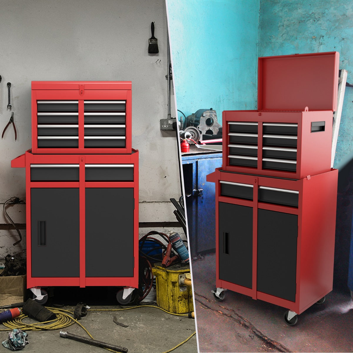 LIVSK Gereedschapskist op Wielen - 2-in-1 Design met Afneembare Bovenkist - 5 Laden - Verstelbare Binnenbodem - Zwart + Rood