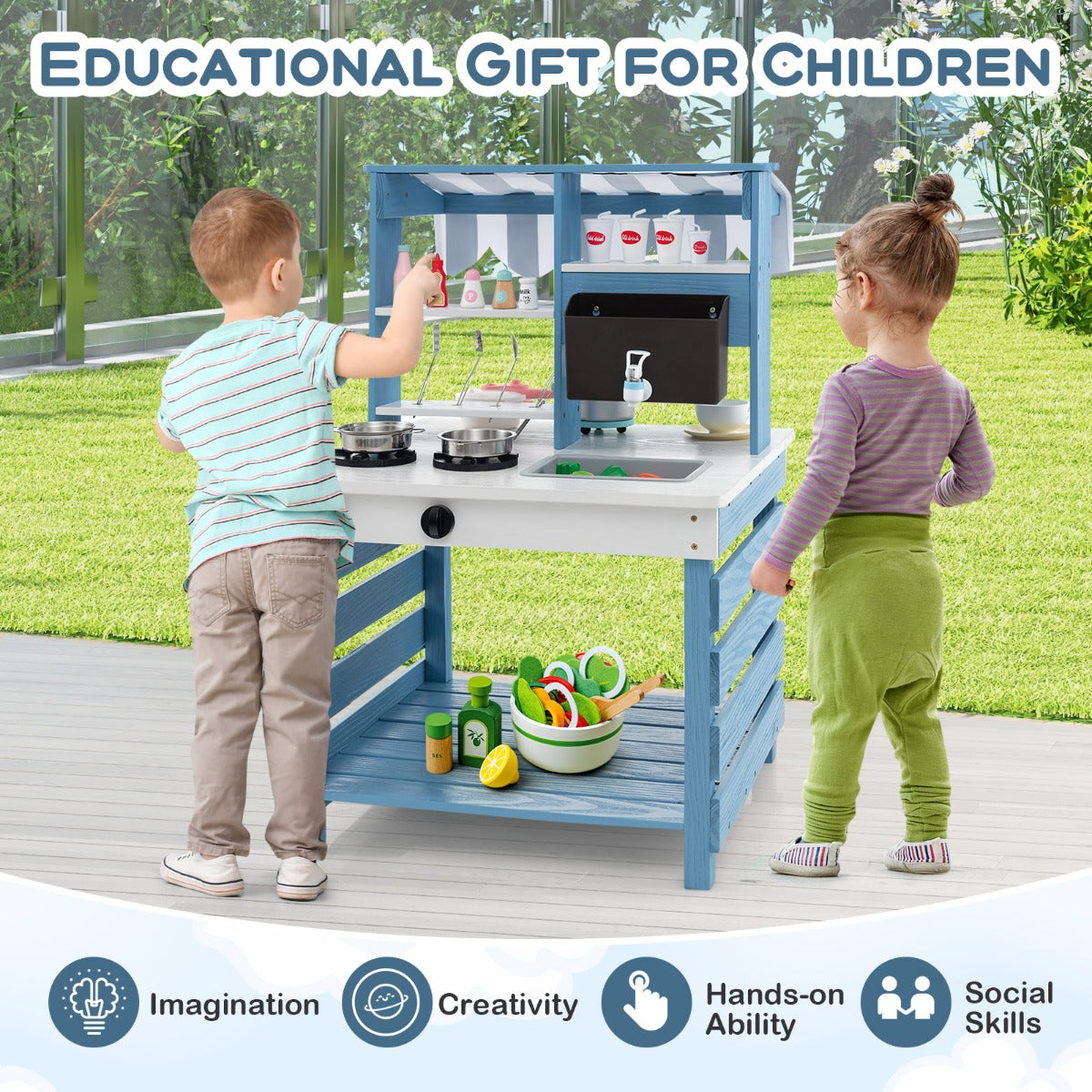 LIVSK 2-in-1 Kindermodderkeuken en Eetkraam - Dubbelzijdig - Veilig Dennenhout - Interactieve Functies - Voor Kinderen vanaf 3