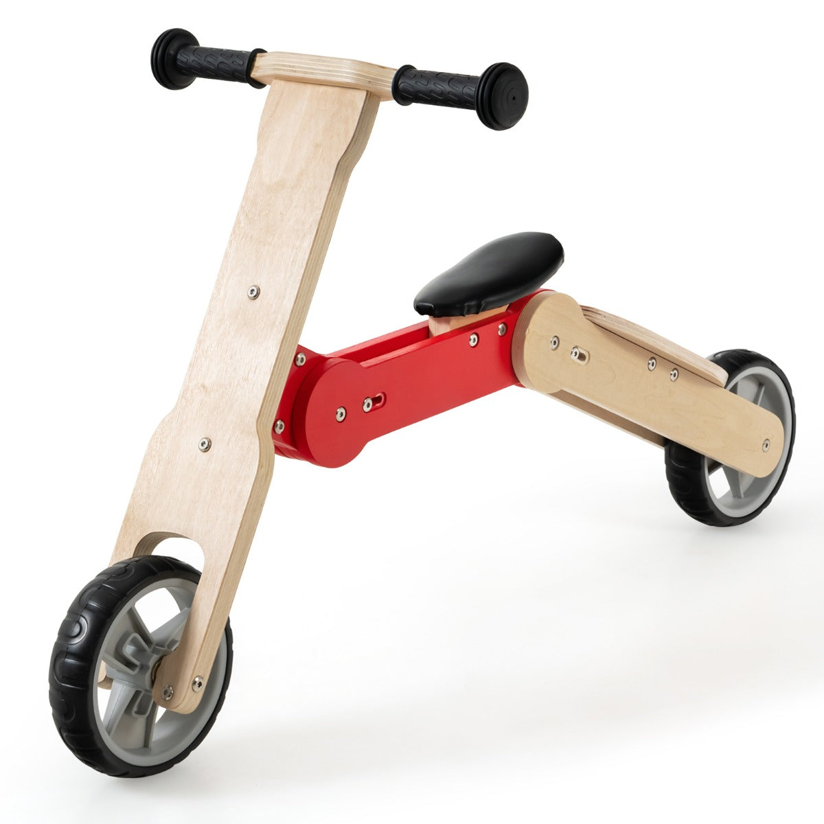 LIVSK 2-in-1 Kinderstep Loopfiets - Antislip Stuur met 135 Graden Begrenzing - Hout - Voor Peuters tot 50 kg - Rood + Natuurlijk