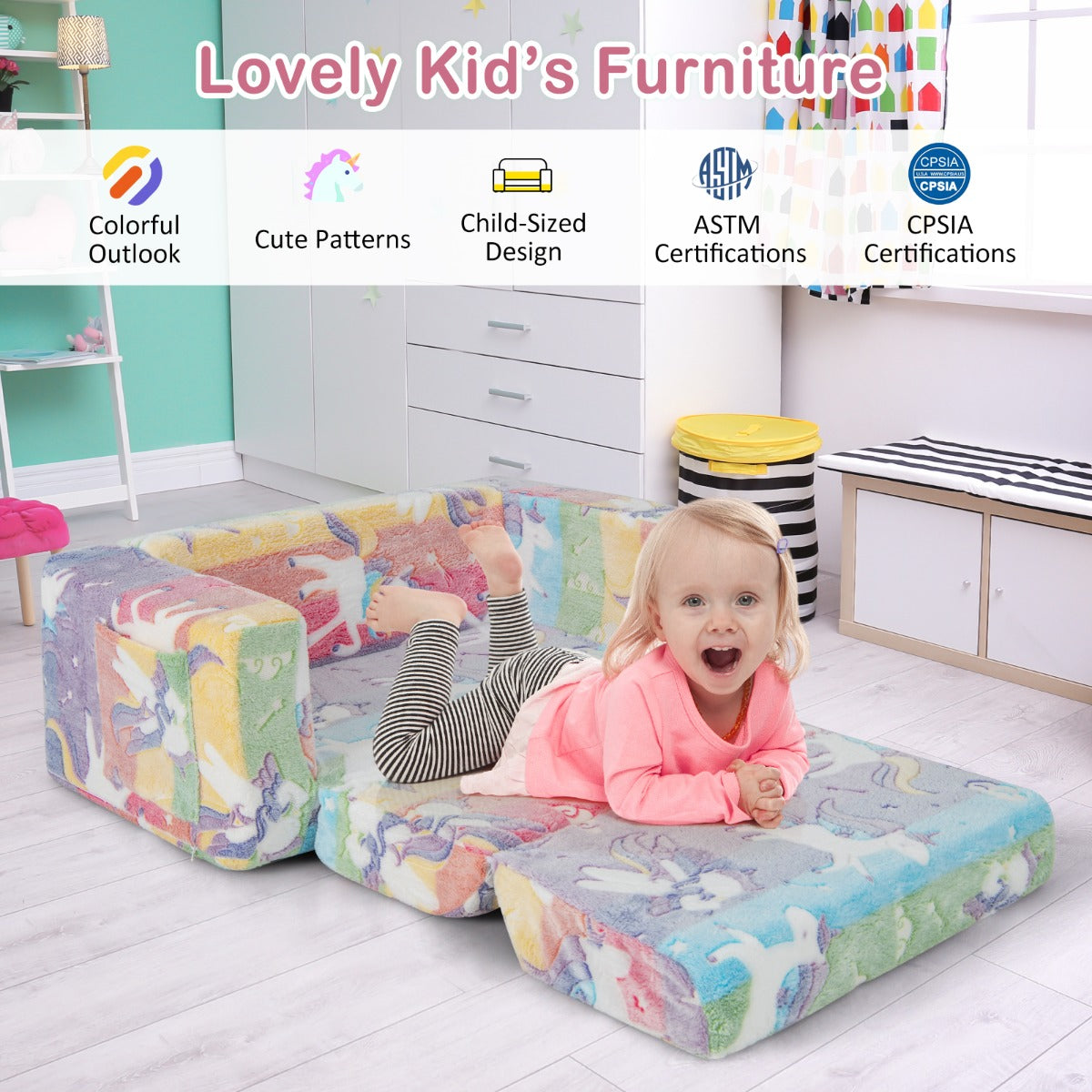 LIVSK 2-in-1 Kinderslaapbank - Omvormbaar tot Chaise Longue - Flanelstof met Oplichtende Patronen - Opbergruimte - Tot 12 jaar -