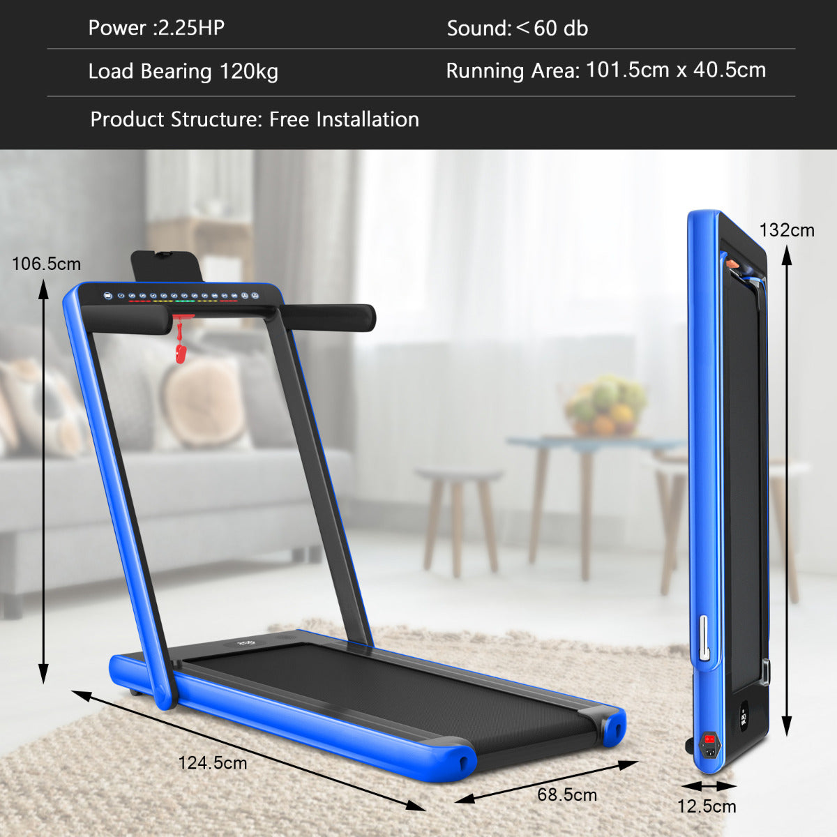 Livsk costway 2 in 1 opvouwbare elektrische loopband dual led display oppervlak 40x100cm bluetooth speaker blauw 3