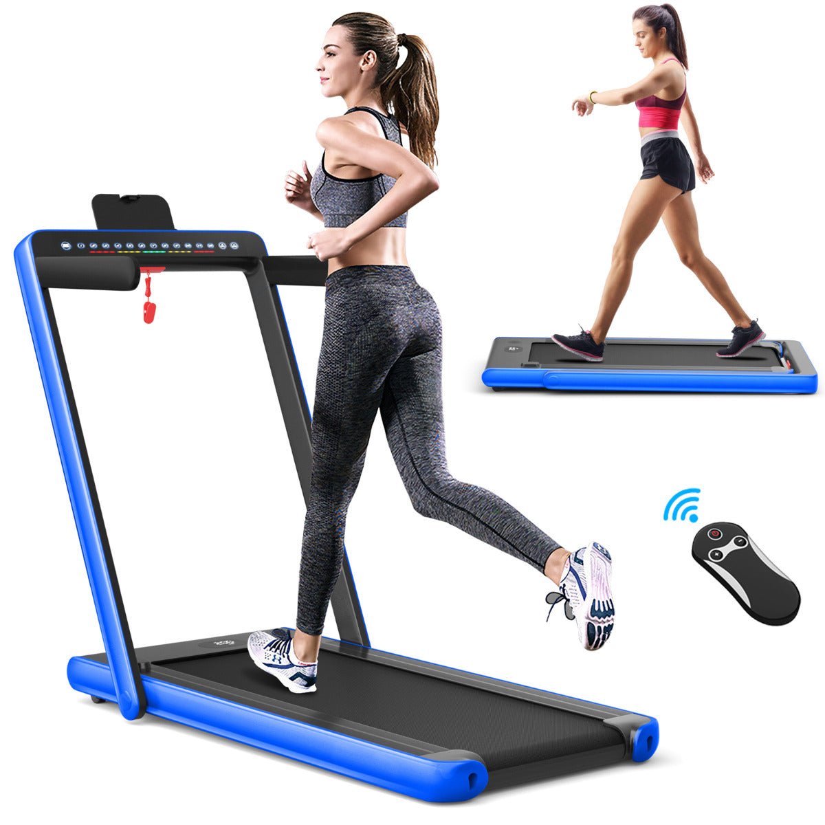 Livsk costway 2 in 1 opvouwbare elektrische loopband dual led display oppervlak 40x100cm bluetooth speaker blauw 4