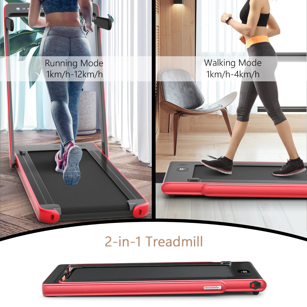 Livsk costway 2 in 1 opvouwbare elektrische loopband dual led display oppervlak 40x100cm bluetooth speaker rood 6