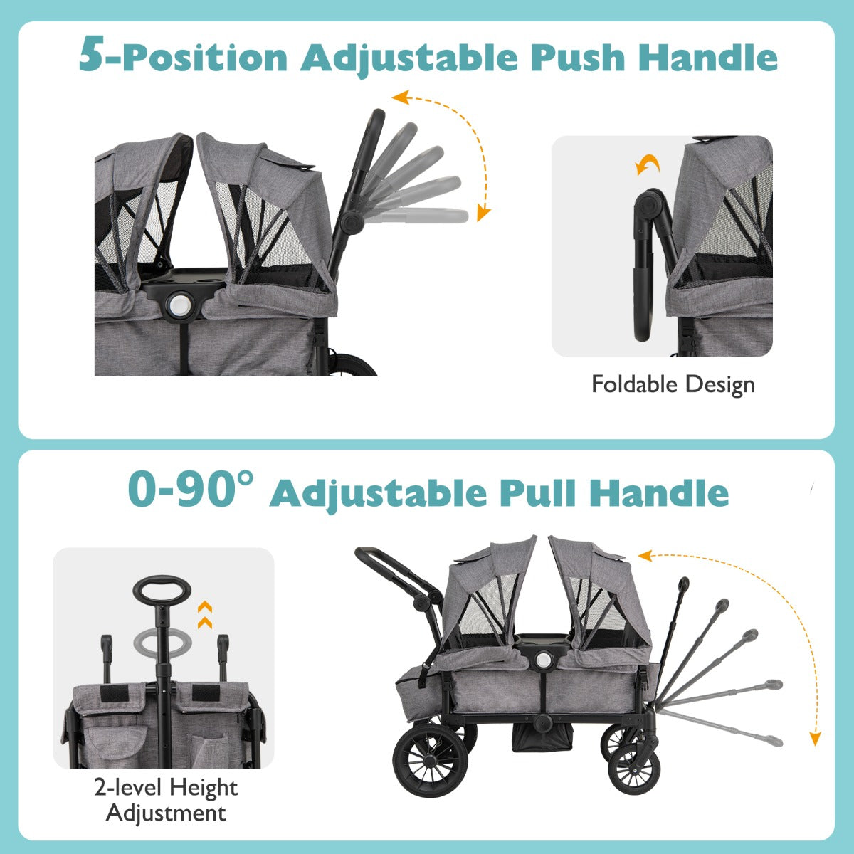 LIVSK Dubbele Kinderwagen - Veiligheidsgordels - Verstelbare Kap - Bekerhouder - Tot 25 kg - Grijs