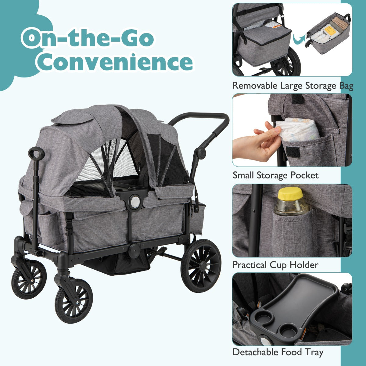 LIVSK Dubbele Kinderwagen - Veiligheidsgordels - Verstelbare Kap - Bekerhouder - Tot 25 kg - Grijs