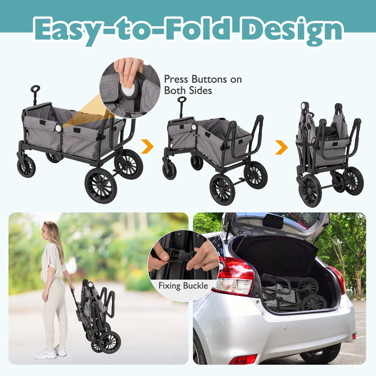 LIVSK Dubbele Kinderwagen - Veiligheidsgordels - Verstelbare Kap - Bekerhouder - Tot 25 kg - Grijs