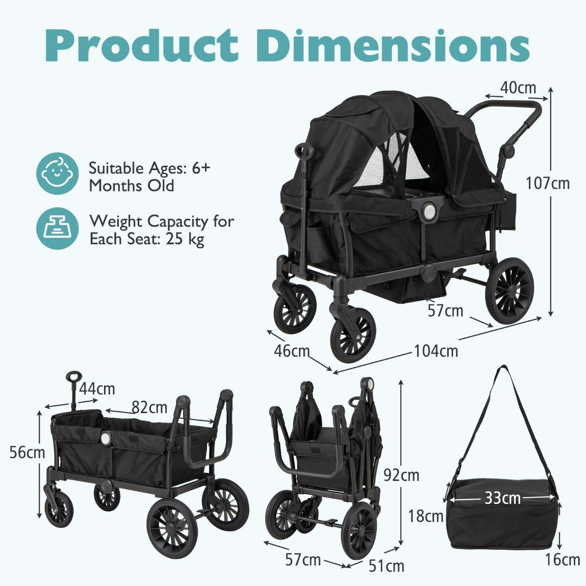 LIVSK Dubbele Kinderwagen - Verstelbare Duwbeugel - Opvouwbaar - Inclusief Bekerhouder en Dienblad - Voor Kinderen vanaf 6