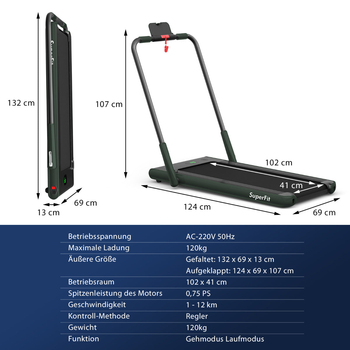 LIVSK 2-in-1 Opvouwbare Loopband - 2,25HP Motor - LED Display - Bluetooth - Telefoonhouder - Tot 120 kg - Groen