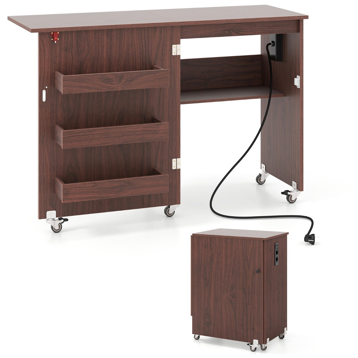 LIVSK Opklapbare Naaitafel met Oplaadstation - 5 Wielen - Opbergoplossingen - Tot 20 kg - 116 x 41 x 78 cm - Koffie