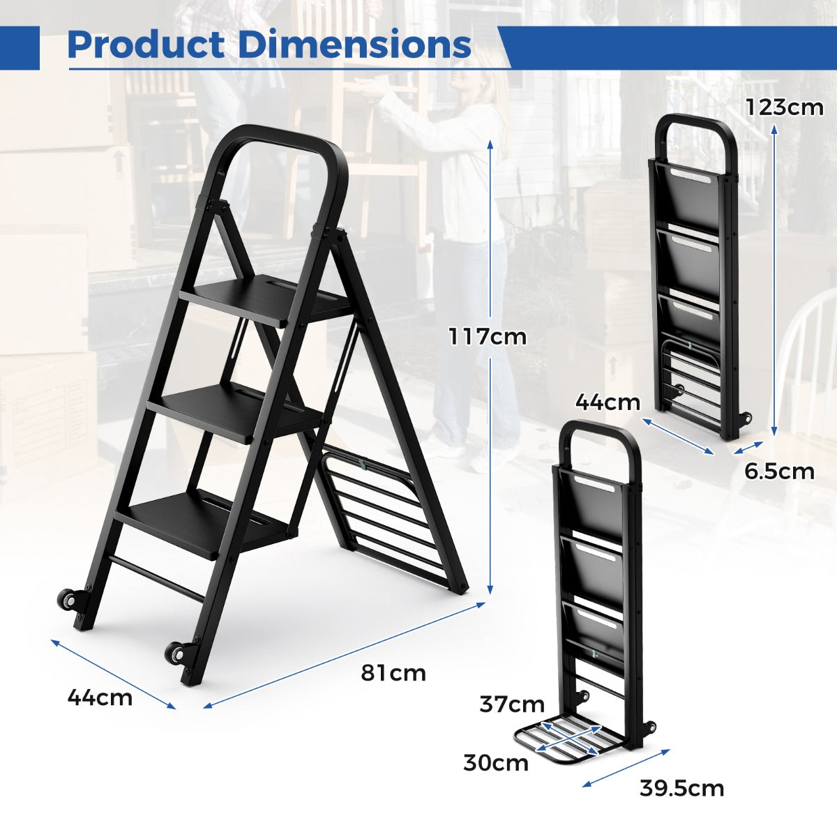 LIVSK 2-in-1 Trapladder en Steekwagen - Robuuste Metaalconstructie - Draagvermogen 200 kg Ladder - 250 kg Steekwagen - Zwart