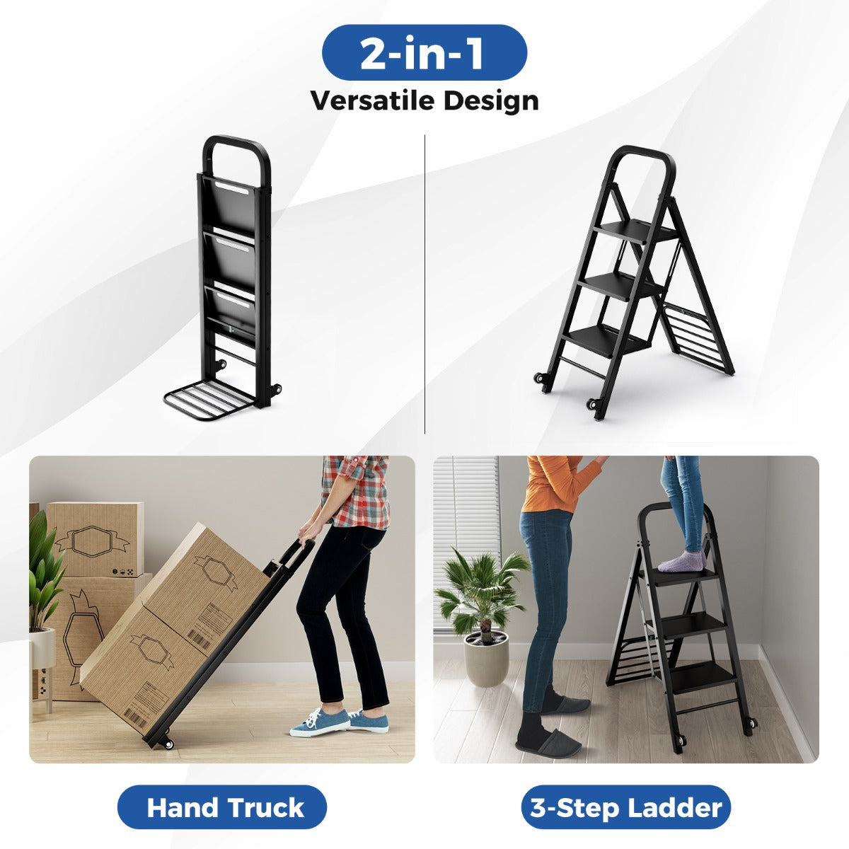 LIVSK 2-in-1 Trapladder en Steekwagen - Robuuste Metaalconstructie - Draagvermogen 200 kg Ladder - 250 kg Steekwagen - Zwart