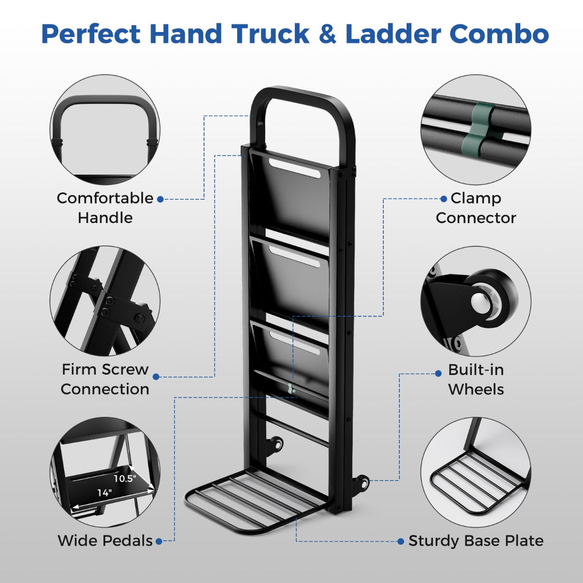 LIVSK 2-in-1 Trapladder en Steekwagen - Robuuste Metaalconstructie - Draagvermogen 200 kg Ladder - 250 kg Steekwagen - Zwart