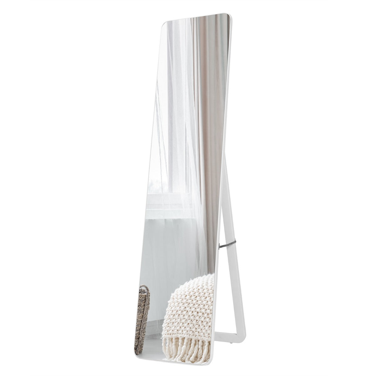 LIVSK Staande/Hangende Passpiegel 160 x 37 cm - HD Beeldvorming - Massief Houten Frame - U-vormige Beugel - Wit