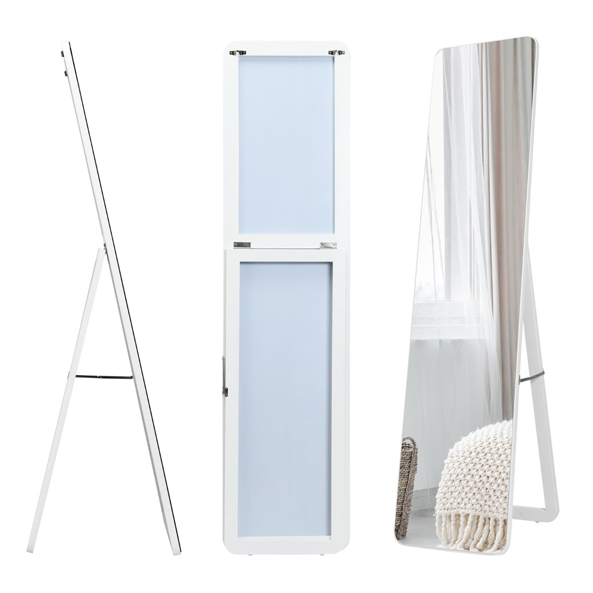 LIVSK Staande/Hangende Passpiegel 160 x 37 cm - HD Beeldvorming - Massief Houten Frame - U-vormige Beugel - Wit