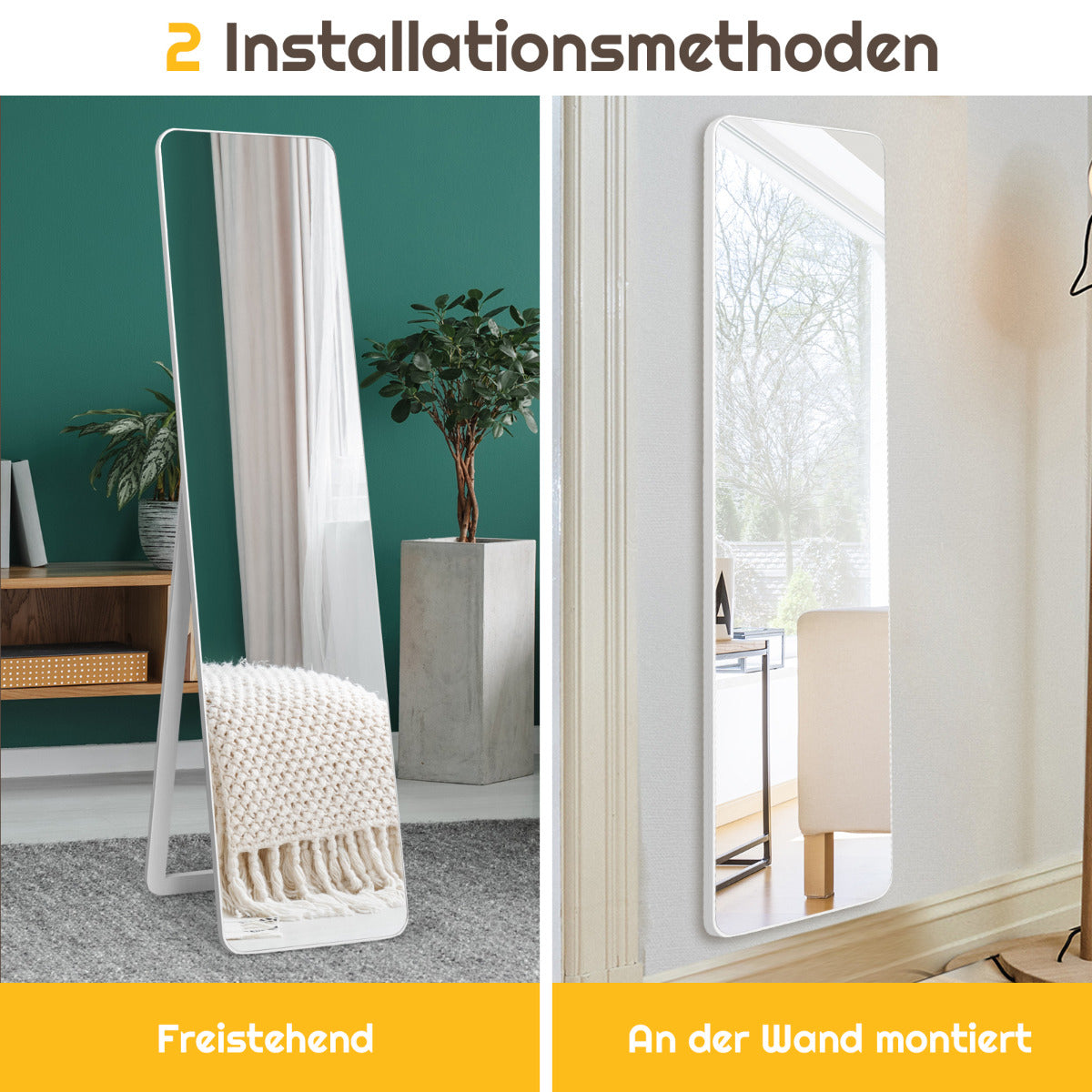 LIVSK Staande/Hangende Passpiegel 160 x 37 cm - HD Beeldvorming - Massief Houten Frame - U-vormige Beugel - Wit