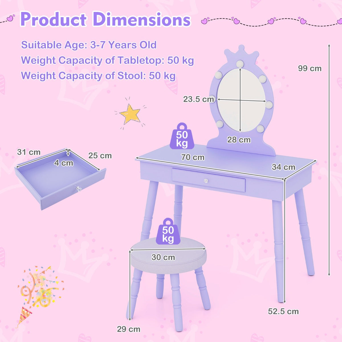 Livsk costway 2 in 1 prinsessenkaptafel met afneembare spiegel en lades kinderkaptafel paars 1 1