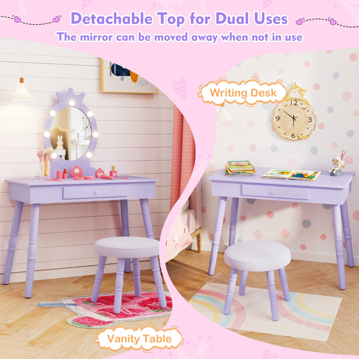 Livsk costway 2 in 1 prinsessenkaptafel met afneembare spiegel en lades kinderkaptafel paars 4