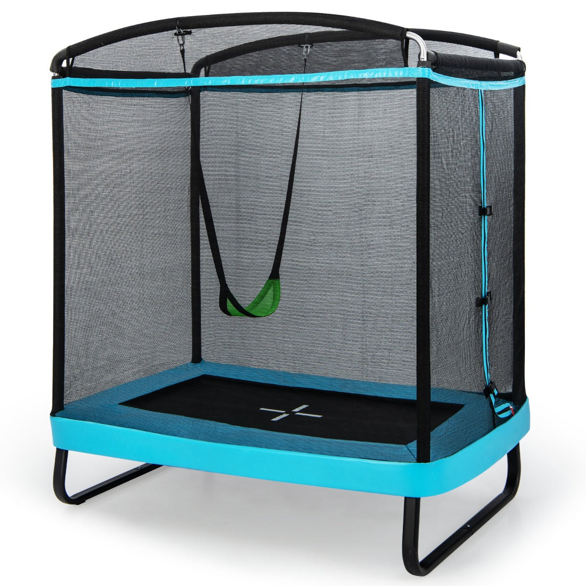 LIVSK 2-in-1 Kindertrampoline met Schommel - Veiligheidsnet - Robuust U-vormig Frame - Tot 100 kg - 190 x 122 x 211 cm - Zwart en