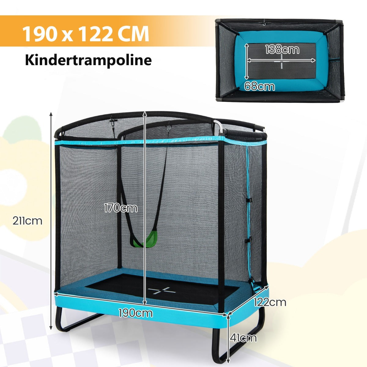 LIVSK 2-in-1 Kindertrampoline met Schommel - Veiligheidsnet - Robuust U-vormig Frame - Tot 100 kg - 190 x 122 x 211 cm - Zwart en