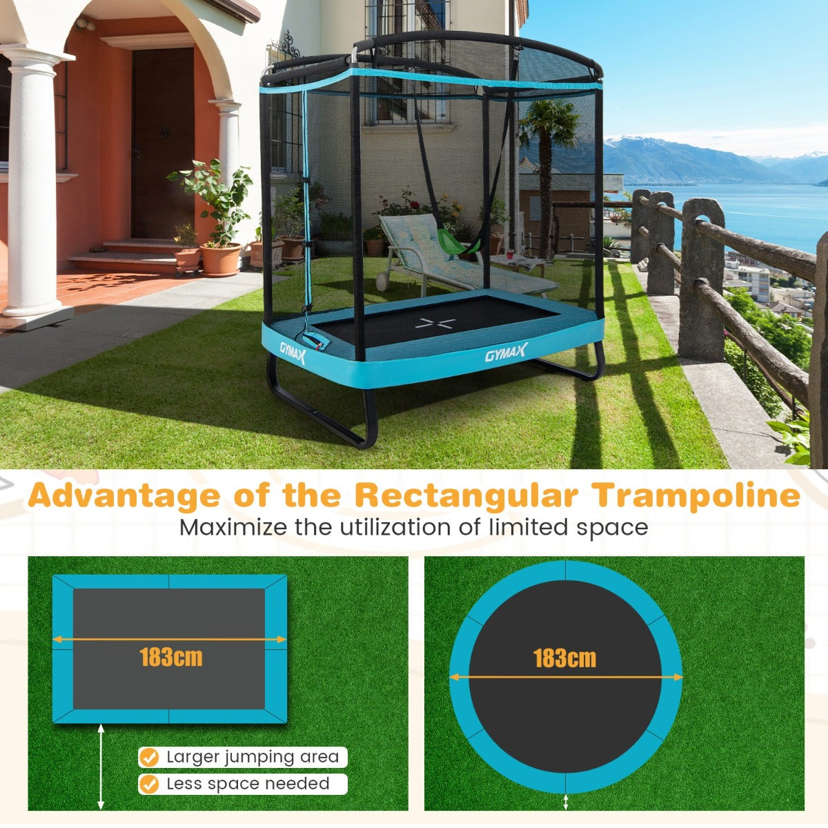 LIVSK 2-in-1 Kindertrampoline met Schommel - Veiligheidsnet - Robuust U-vormig Frame - Tot 100 kg - 190 x 122 x 211 cm - Zwart en