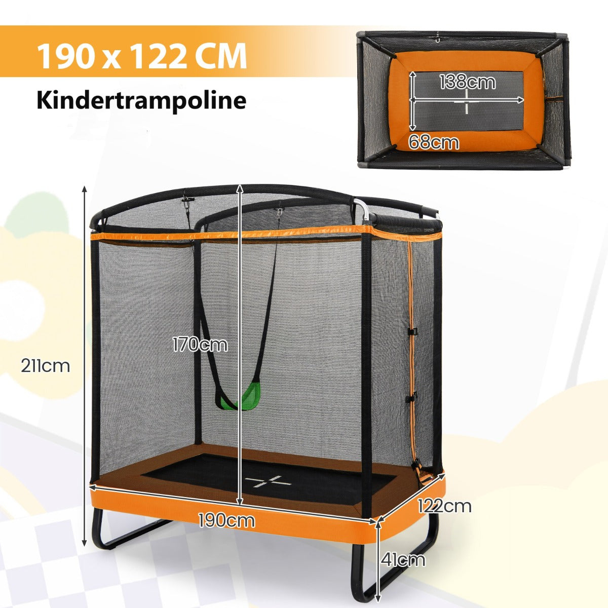 LIVSK Kindertrampoline met Schommel - 2-in-1 Plezier - 100 kg Draagvermogen - Veiligheidsnet - Zwart en Oranje