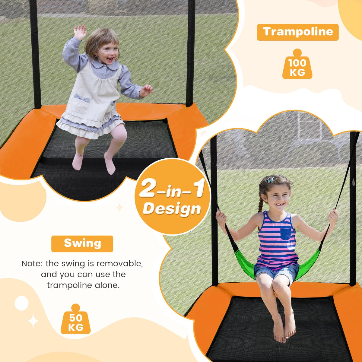 LIVSK Kindertrampoline met Schommel - 2-in-1 Plezier - 100 kg Draagvermogen - Veiligheidsnet - Zwart en Oranje