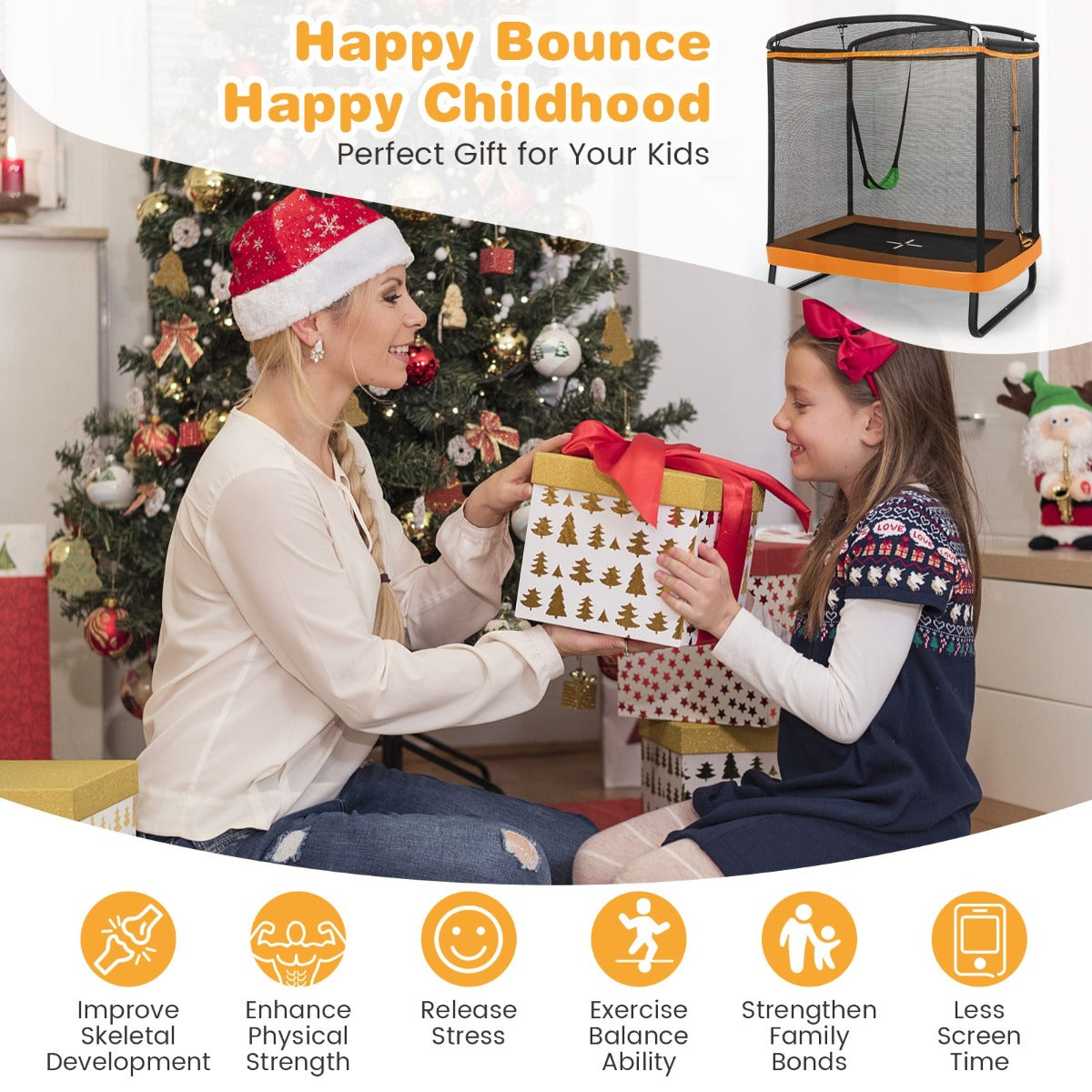 LIVSK Kindertrampoline met Schommel - 2-in-1 Plezier - 100 kg Draagvermogen - Veiligheidsnet - Zwart en Oranje