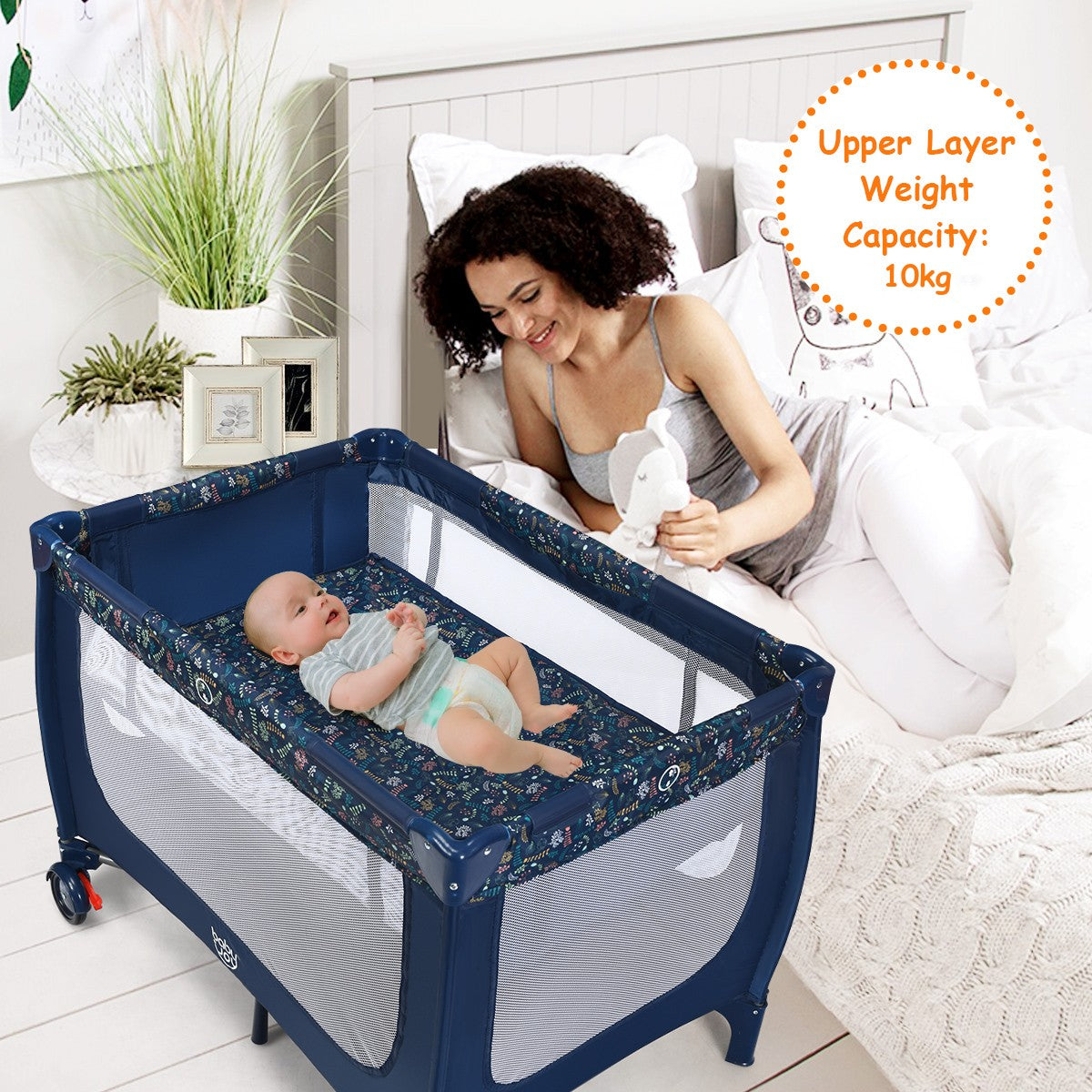 Livsk costway 2 in 1 reisbed box inklapbaar kinderbed 2 niveaus babybed met matras en draagtas draagbare kinderbox 120 x 60 cm blauw 5