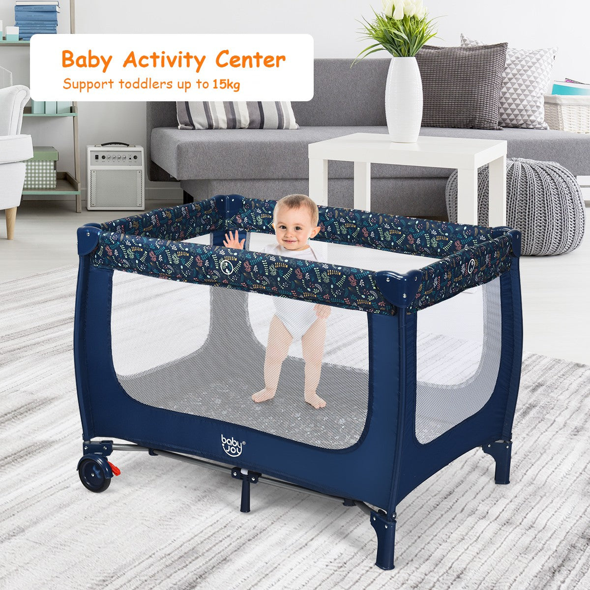 Livsk costway 2 in 1 reisbed box inklapbaar kinderbed 2 niveaus babybed met matras en draagtas draagbare kinderbox 120 x 60 cm blauw 6