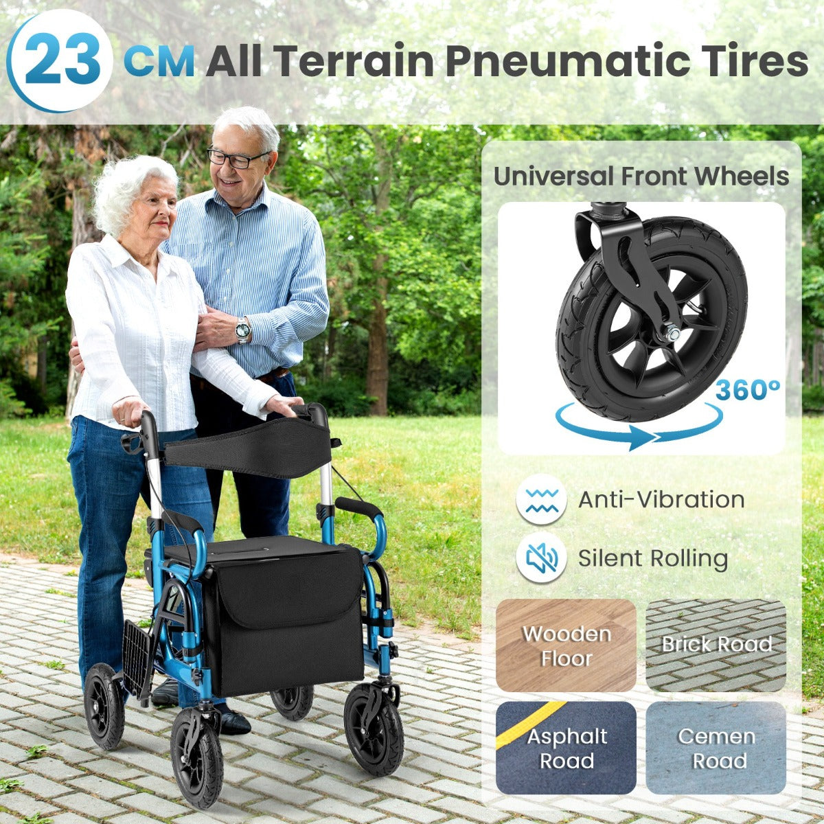 LIVSK 2-in-1 Rollator en Rolstoel - 6-voudige Hoogteverstelling - Pneumatische Banden - Veilig Remsysteem - Max. 140 kg - Zwart
