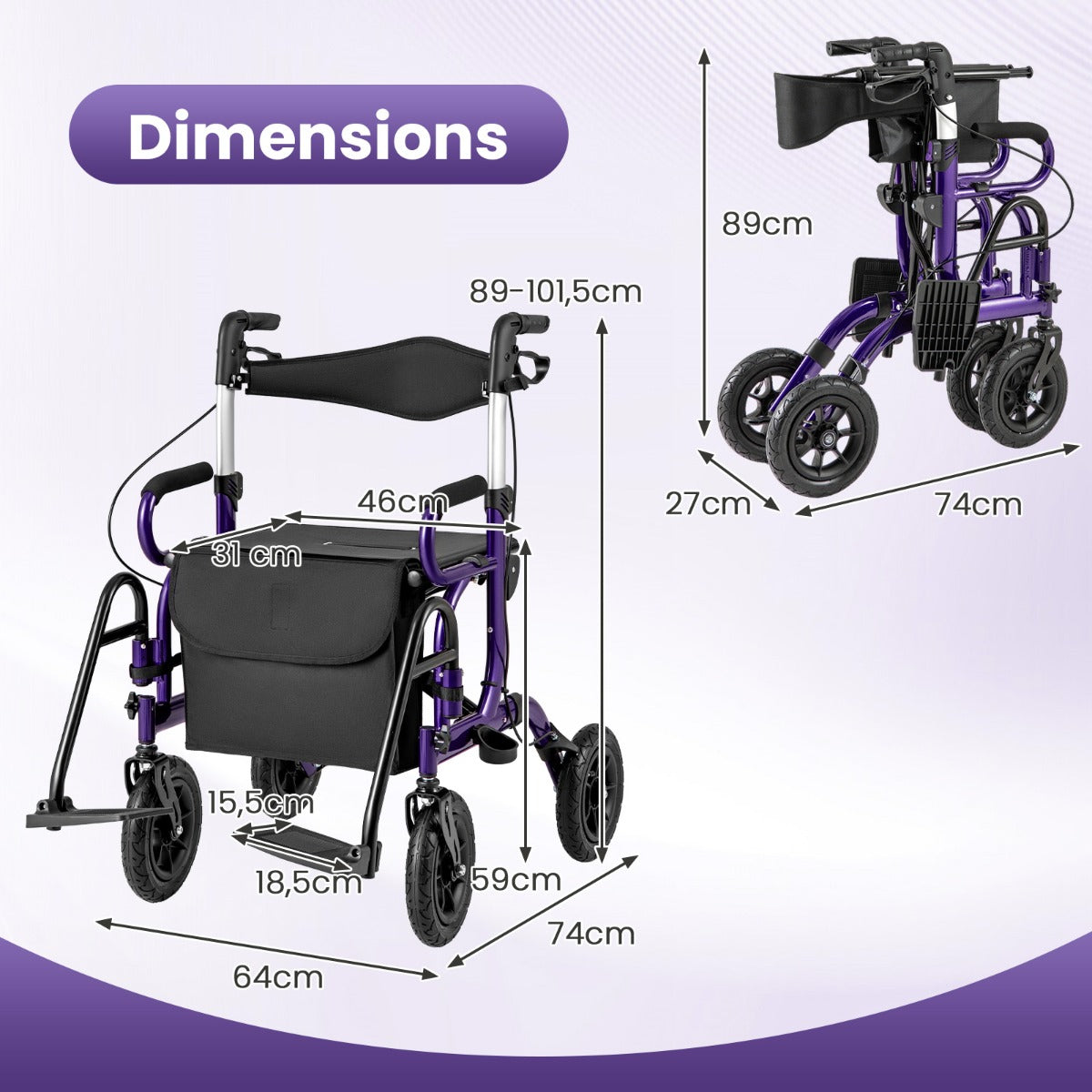 Livsk costway 2 in 1 rollator met luchtbanden en zitting rolstoel en reisrollator loophulp 6 voudig in hoogte verstelbaar loopwagen met tas paars 1 1