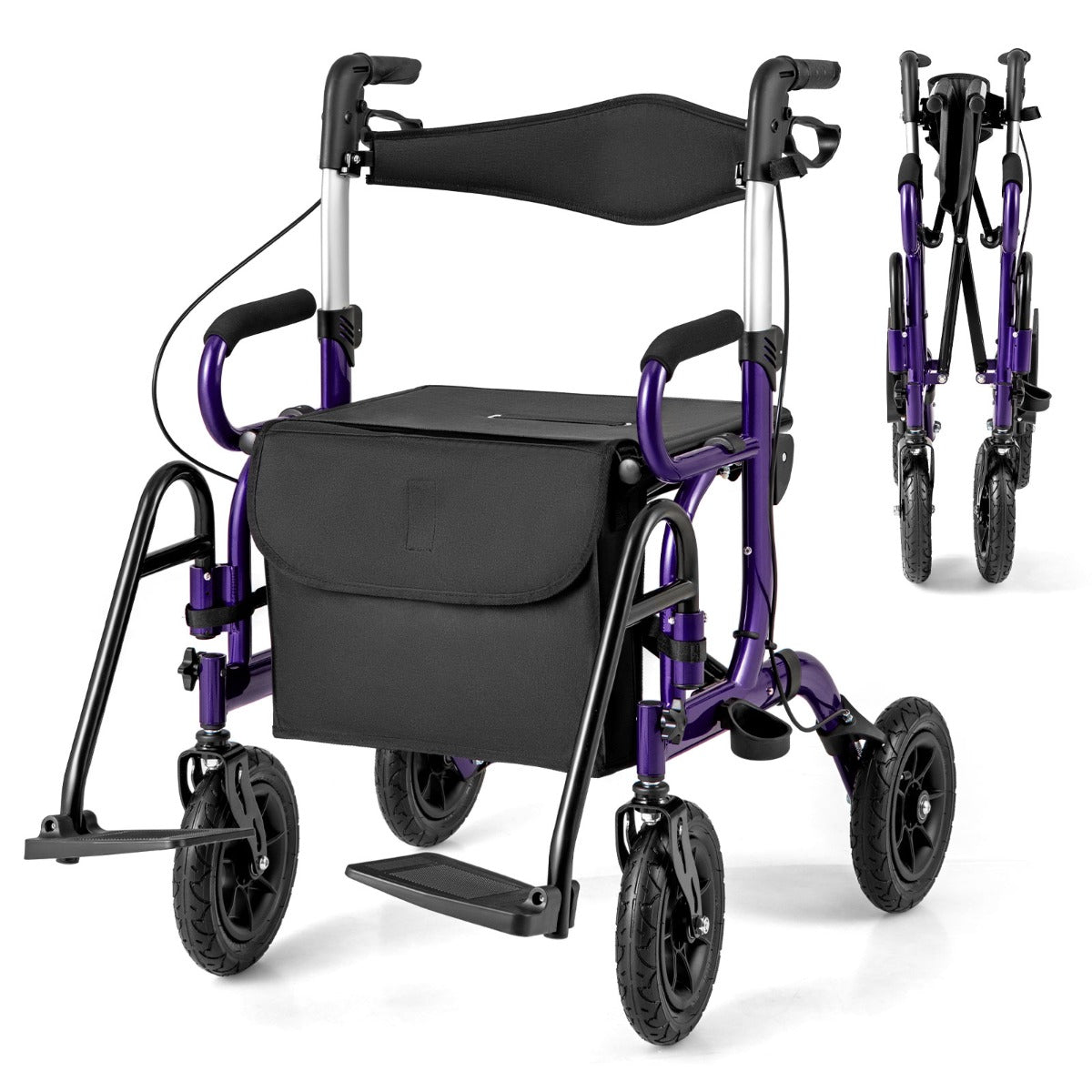 Livsk costway 2 in 1 rollator met luchtbanden en zitting rolstoel en reisrollator loophulp 6 voudig in hoogte verstelbaar loopwagen met tas paars
