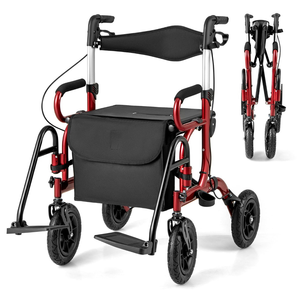 LIVSK 2-in-1 Rollator en Rolstoel - Hoogteverstelbaar - Schokabsorberende Banden - Opvouwbaar - Tot 140 kg - Zwart