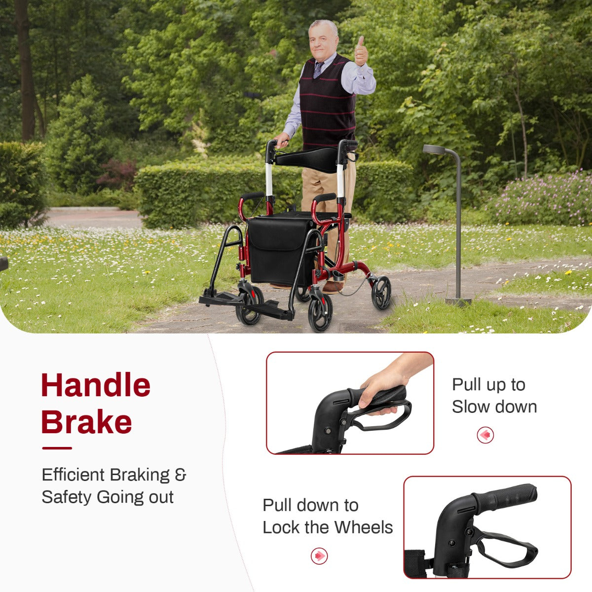 LIVSK 2-in-1 Rollator - Opvouwbaar - Omkeerbare Rugleuning - Verstelbare Handgrepen - Tot 160 kg - Rood en Zwart