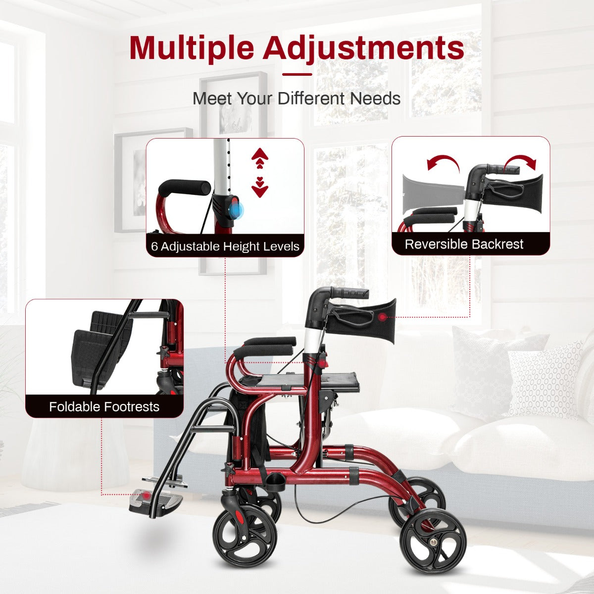 LIVSK 2-in-1 Rollator - Opvouwbaar - Omkeerbare Rugleuning - Verstelbare Handgrepen - Tot 160 kg - Rood en Zwart