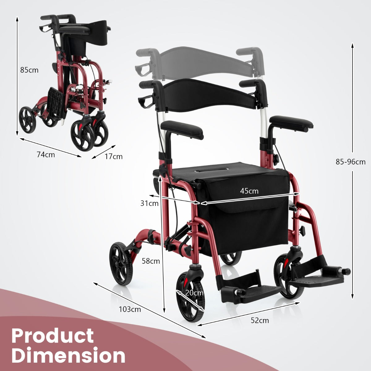 LIVSK 2-in-1 Rollator en Transportstoel - Opvouwbaar - Hoogteverstelbare Handgrepen - Draagvermogen 136 kg - Rood