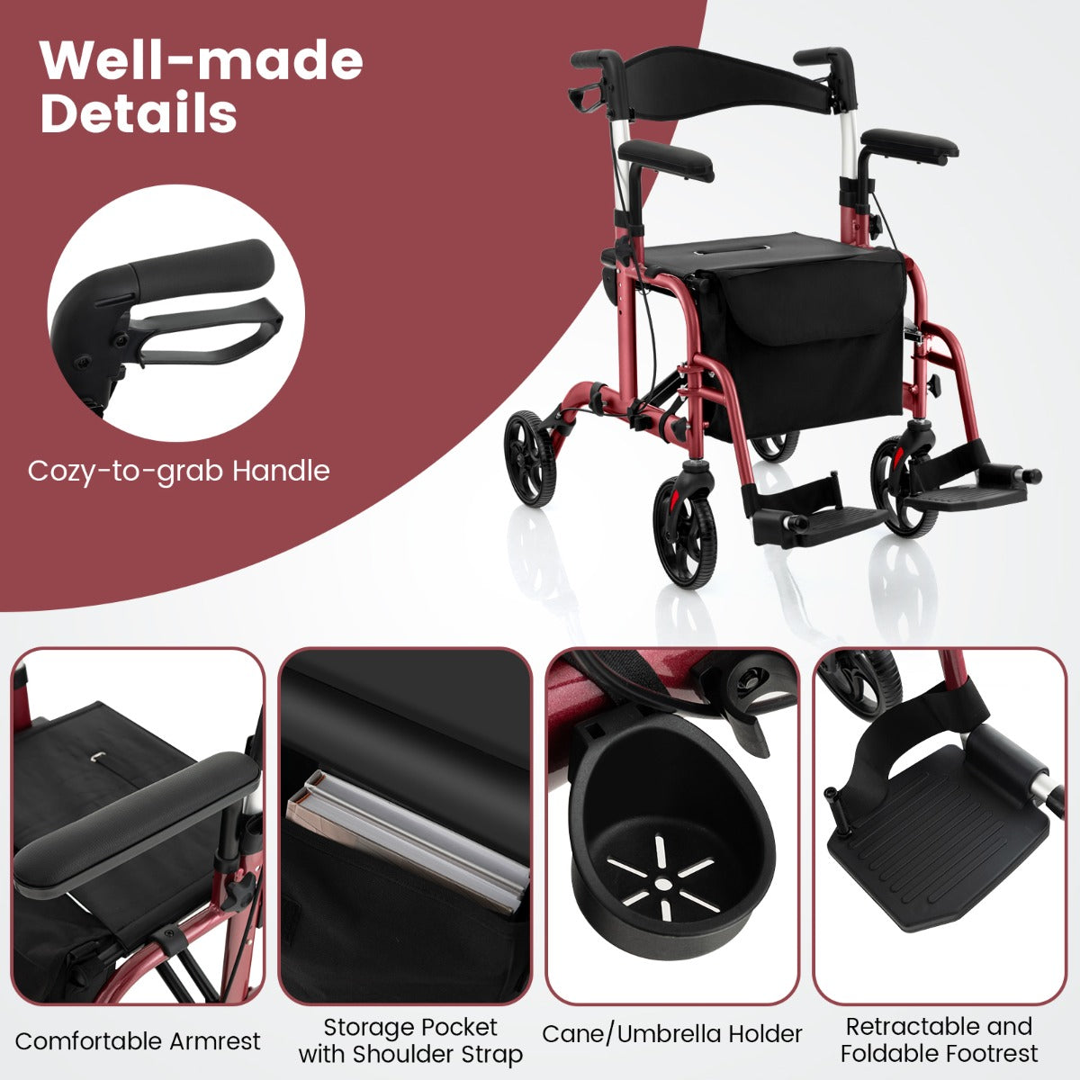 LIVSK 2-in-1 Rollator en Transportstoel - Opvouwbaar - Hoogteverstelbare Handgrepen - Draagvermogen 136 kg - Rood